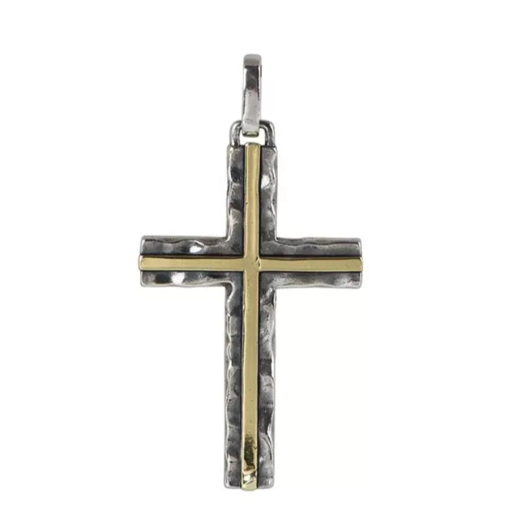 Halskette Ankerkette mit Kreuz-Anhänger Charm zweifarbig silber/gold