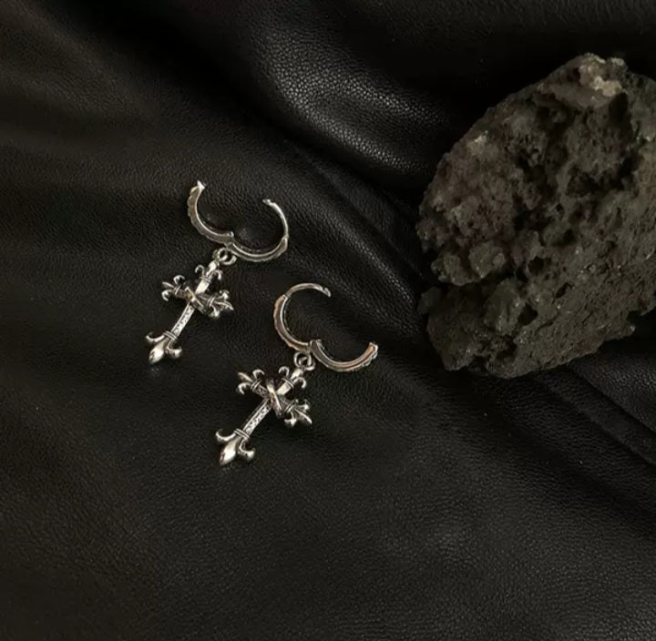 Vintage Silber Ohrhänger Fleur de Lis Cross S925