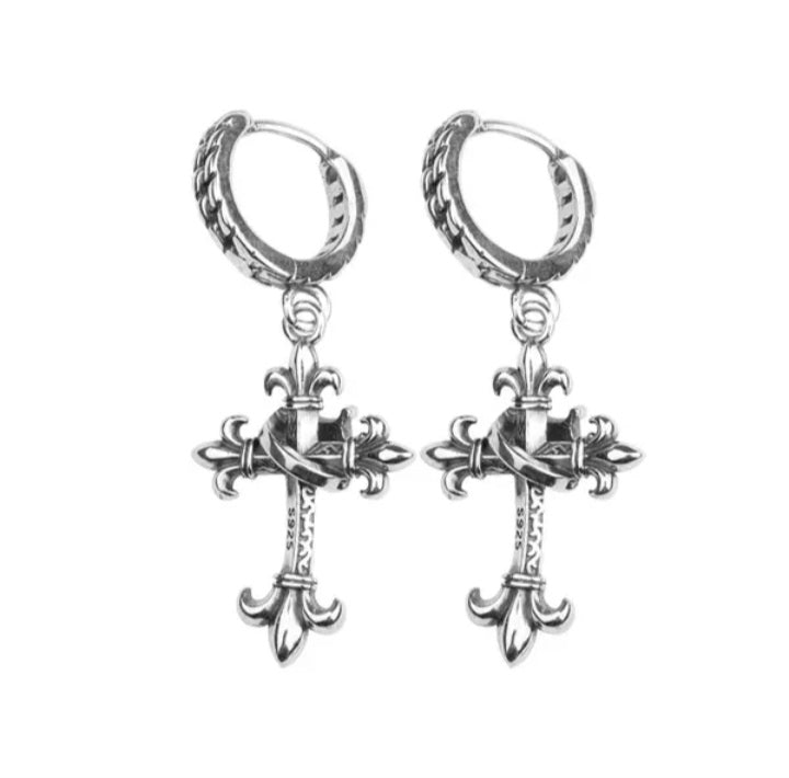 Vintage Silber Ohrhänger Fleur de Lis Cross S925