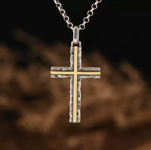 Halskette Ankerkette mit Kreuz-Anhänger Charm zweifarbig silber/gold