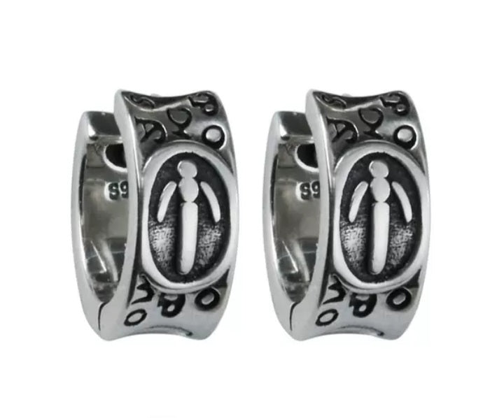 Silber Creolen-Ohrringe ovales Motiv mit schwarzem Emblem ohne Stein 1 piece